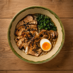 Tanuki Miso con chashu braseado, setas asadas y huevo tamago